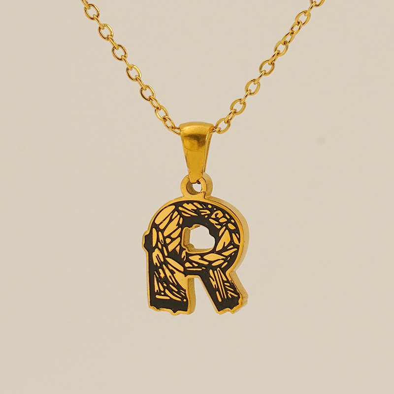 1 Piece Classic Bark Grain Unique Letter R Stainless Steel  Gold Color Unisex Pendant Necklaces h5 